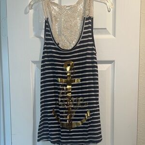 Free Kisses Blue and White Graphic Lace Tank Top